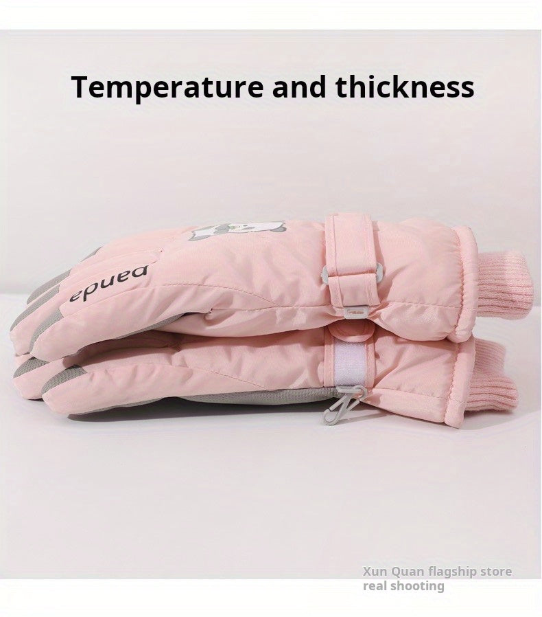 1 Pair Women'S Winter Ski Gloves, Cute Panda Design, Touchscreen Compatible, Polyester Thermal Lining, Velvet Palm, Magic Tape Closure, Hand Washable, Weather-Resistant